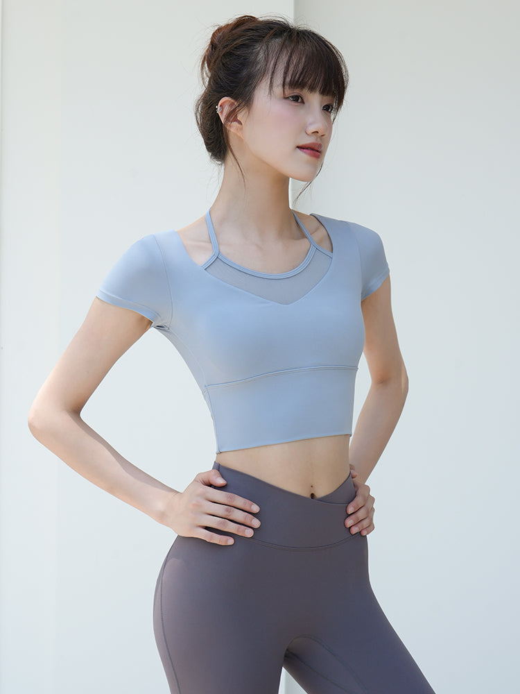 メッシュ切り替え フェイクレイヤード ブラトップ 半袖