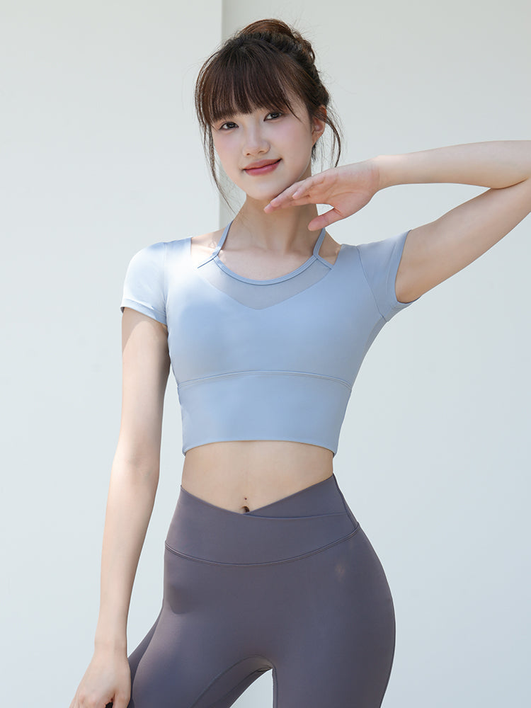メッシュ切り替え フェイクレイヤード ブラトップ 半袖