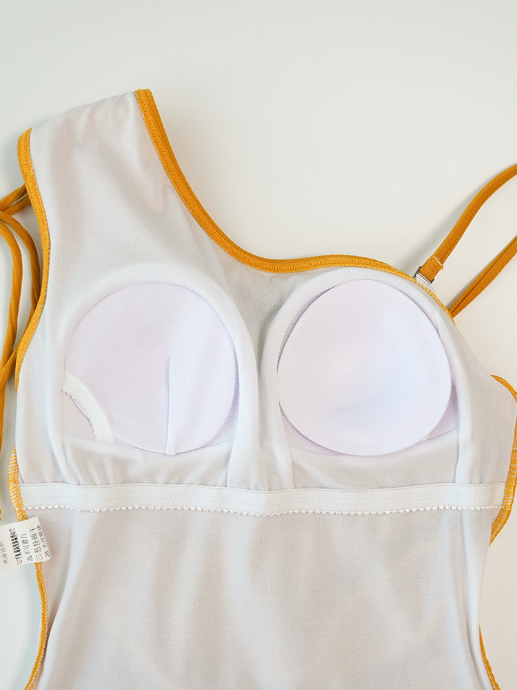 ワンショルダー ギャザー ワンピース水着+スカート 2点セット ドローストリング付き ノンワイヤー