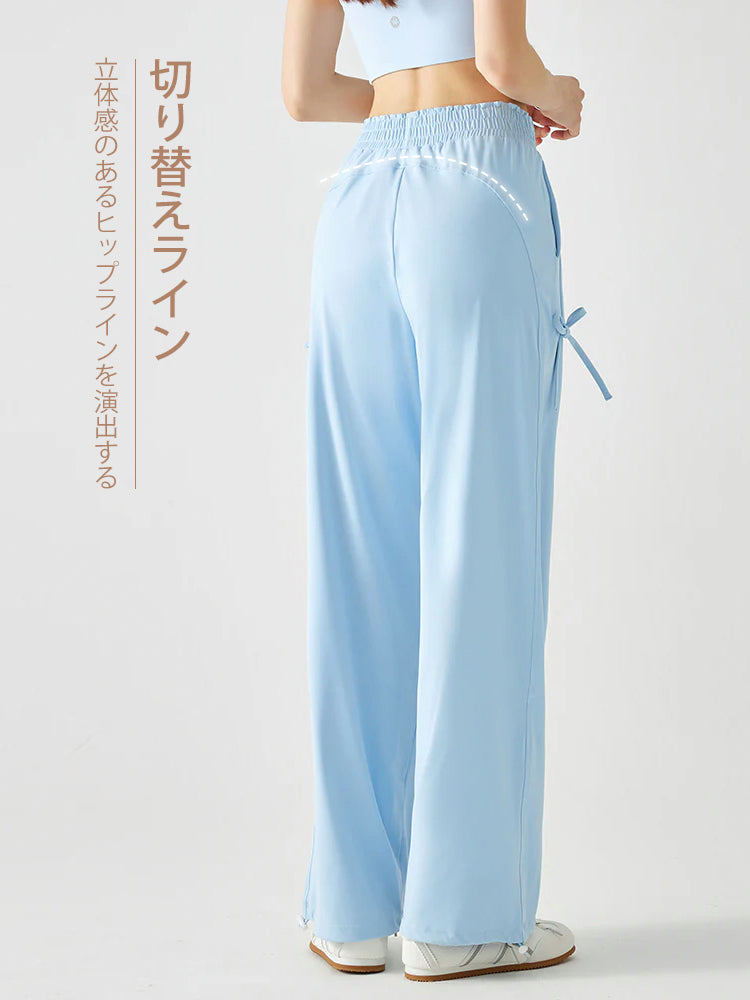 吸湿速乾素材を使用したリボン付きストレートワイドパンツ