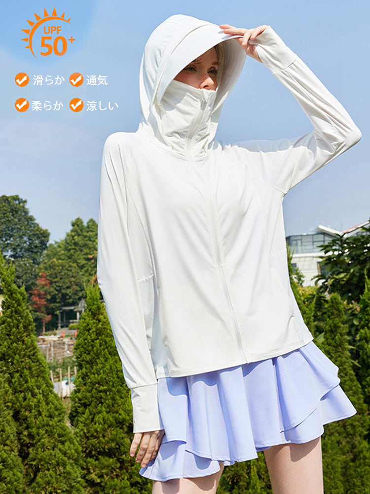 冷感 UV加工 サンバイザー付き 顔までカバー パーカー