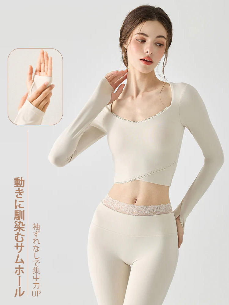 ハートネック サムホール パッド付き 長袖