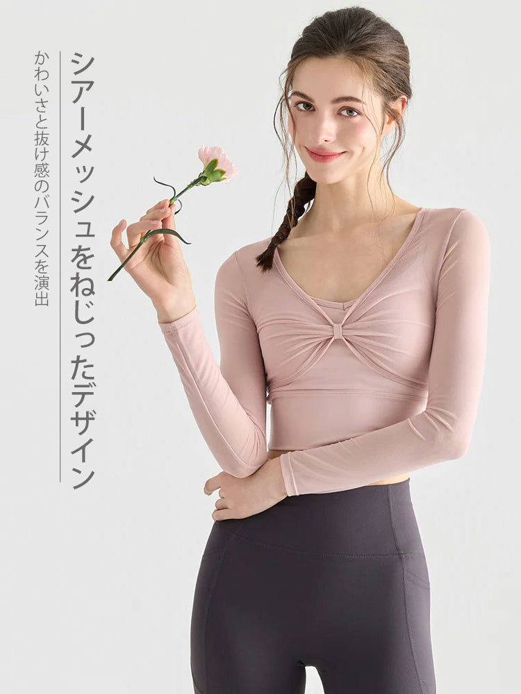 メッシュ切り替え レイヤード風 パッド付き ロングスリーブ ヨガトップス