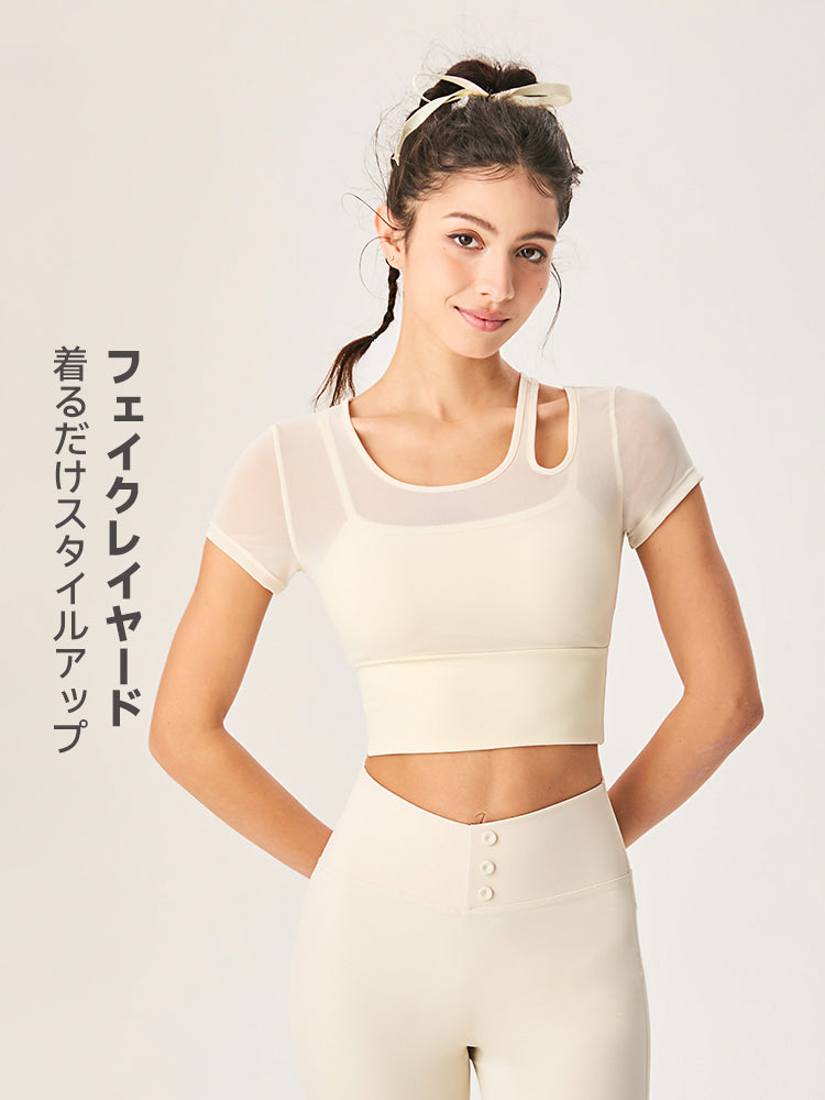 アシンメトリー 半袖 メッシュ切り替え ブラパッド付き フェイクレイヤード