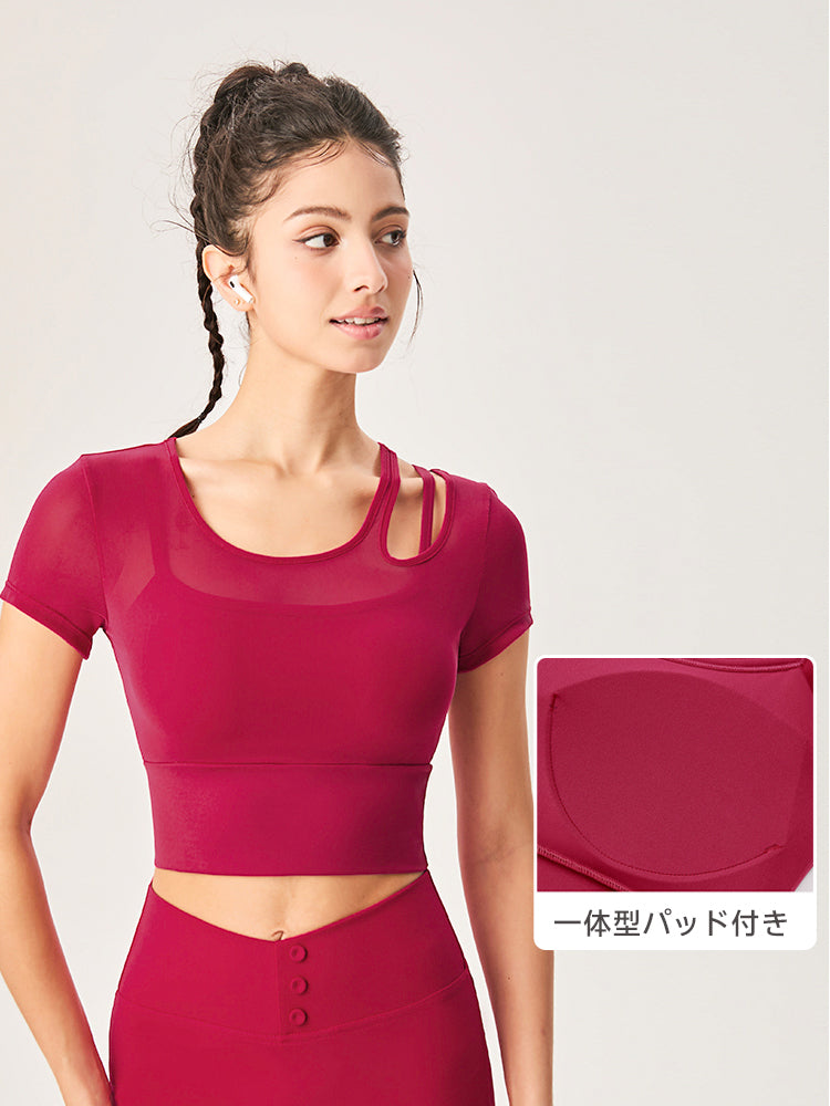 アシンメトリー 半袖 メッシュ切り替え ブラパッド付き フェイクレイヤード