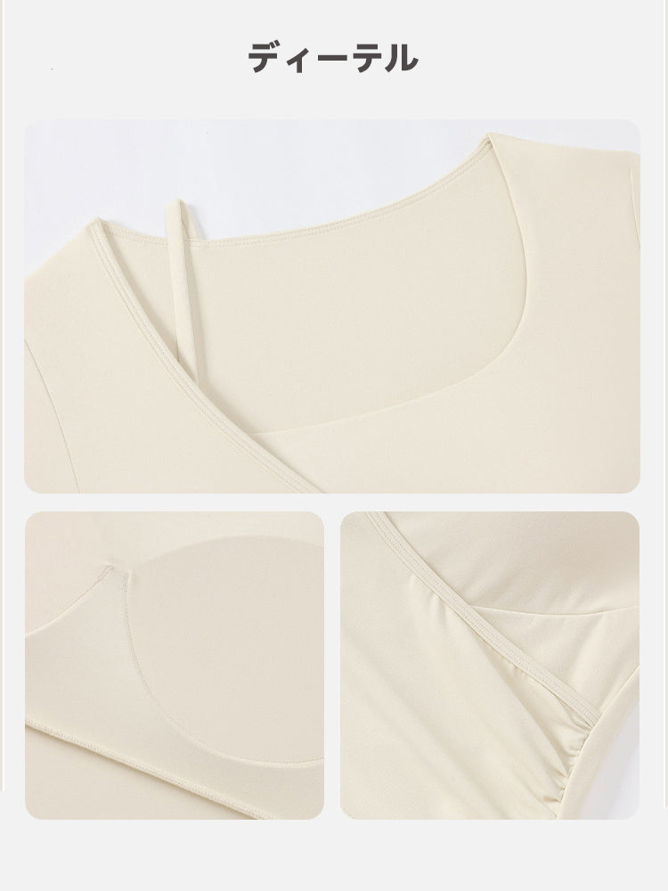 裾交差 アシンメトリー 半袖Tシャツ パッド付き