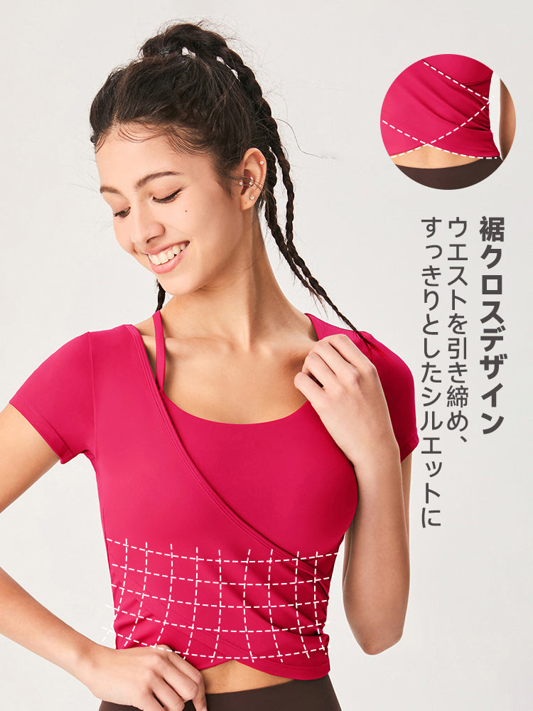 裾交差 アシンメトリー 半袖Tシャツ パッド付き