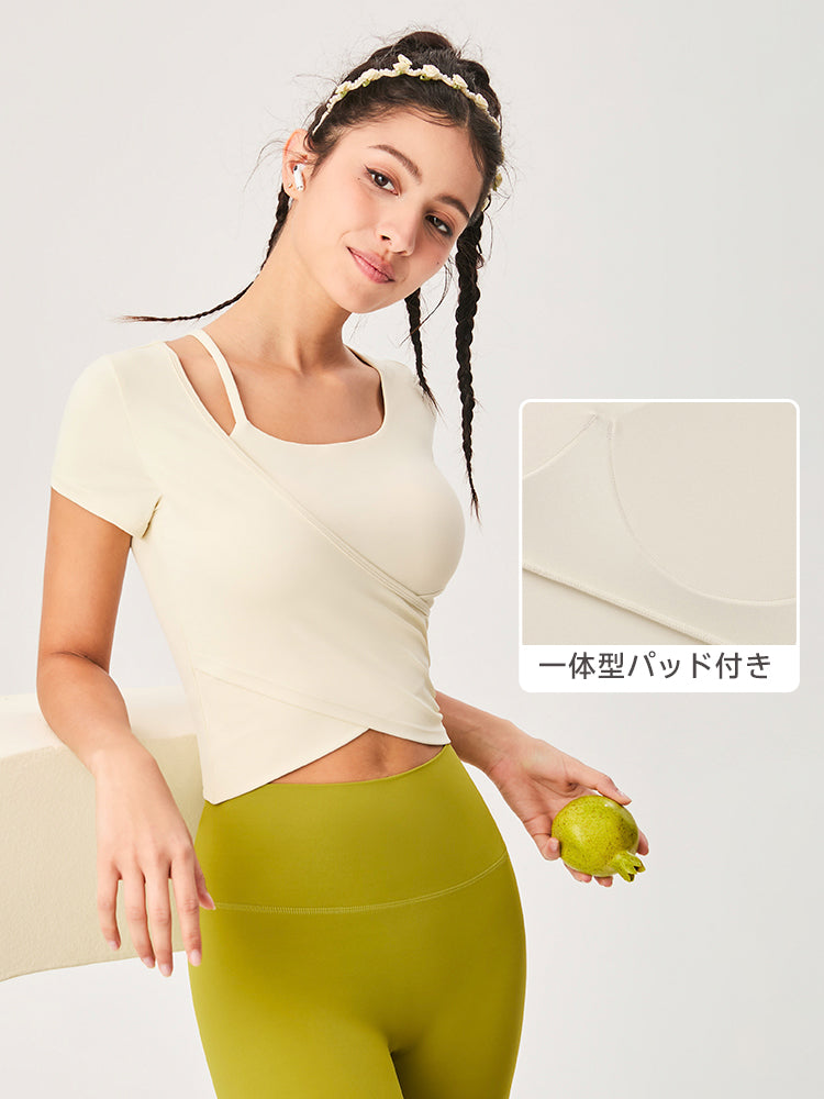 裾交差 アシンメトリー 半袖Tシャツ パッド付き