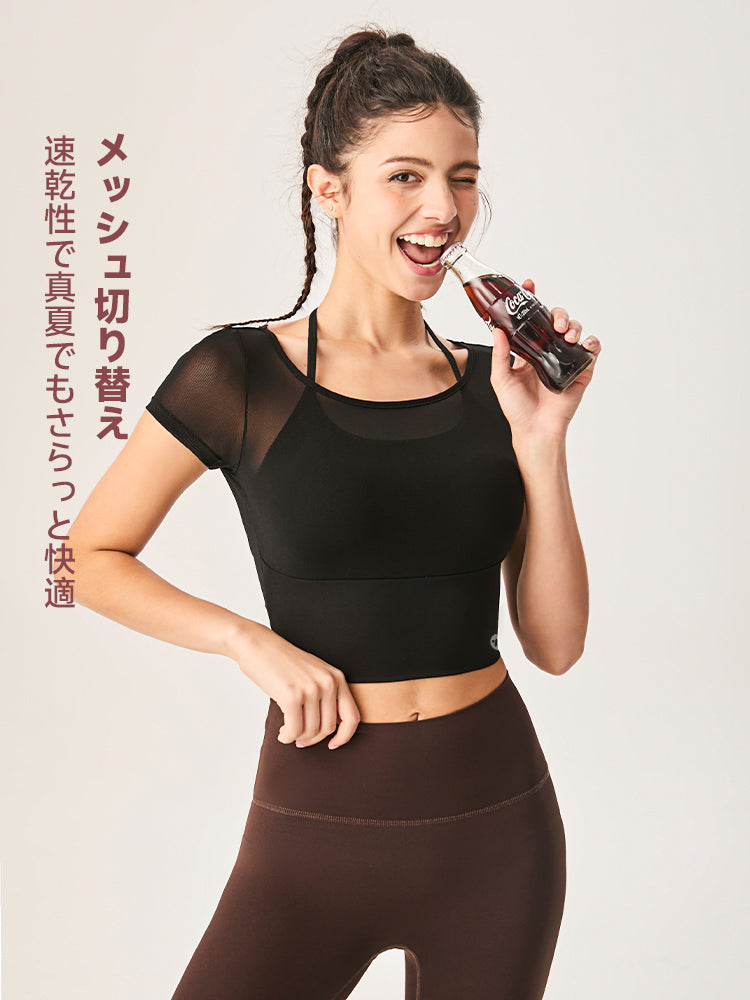 フェイクレイヤード 半袖 ブラパッド付き 背中開き