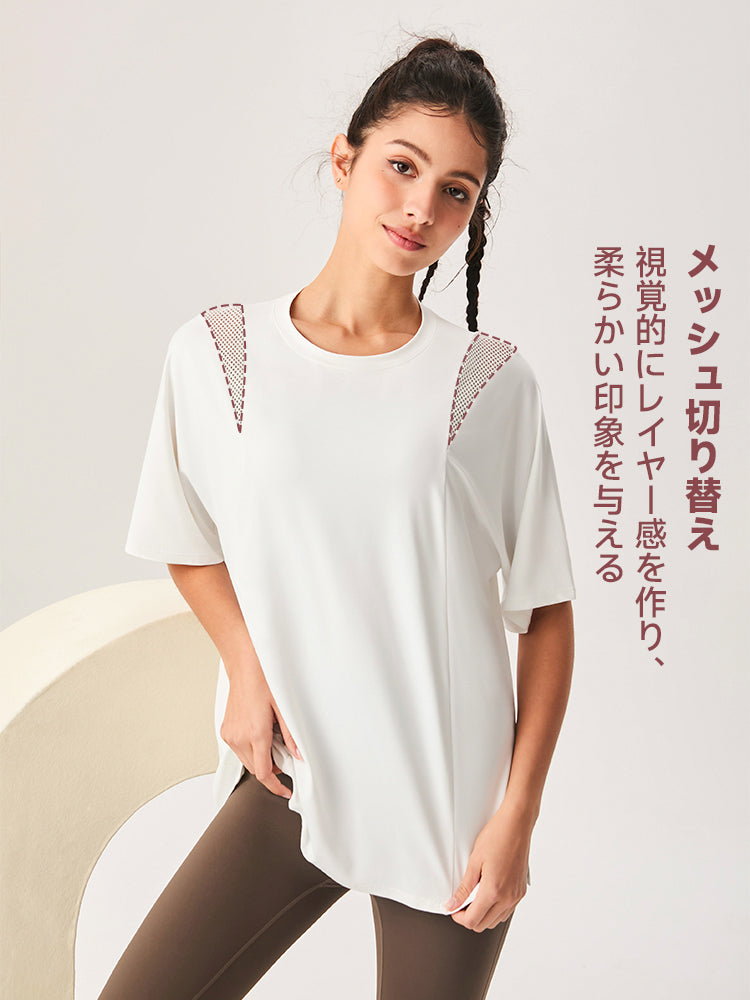 ゆったり ロング丈 半袖Tシャツ メッシュ切り替え