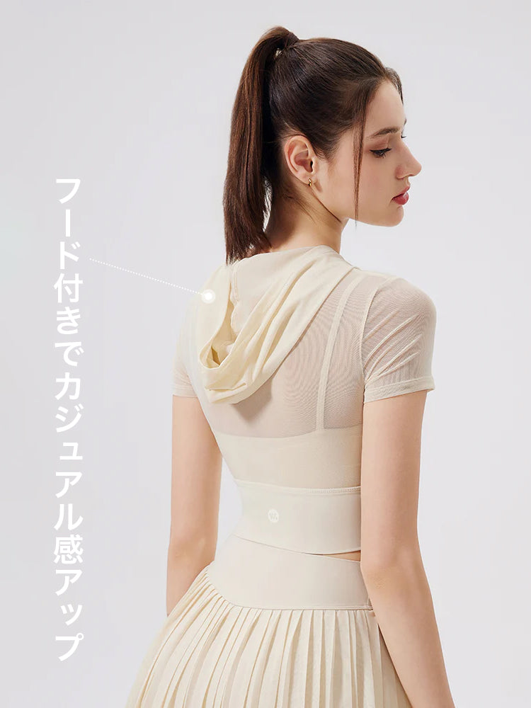 メッシュ切り替え フェイクレイヤード ブラトップ 半袖 フード付き