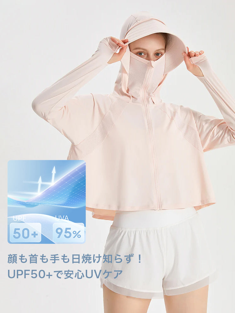 UPF50+ 接触冷感 吸湿速乾 サンバイザー付き 顔までカバー パーカー