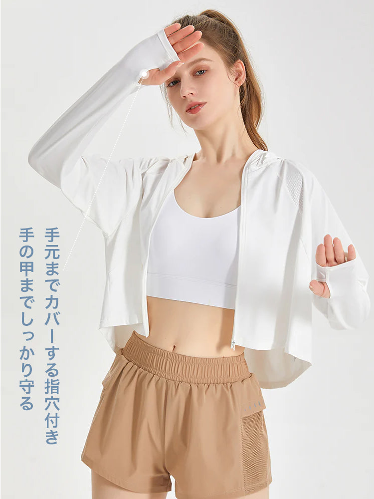 UPF50+ 接触冷感 吸湿速乾 サンバイザー付き 顔までカバー パーカー