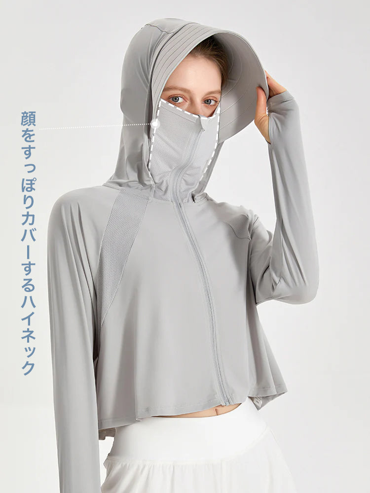 UPF50+ 接触冷感 吸湿速乾 サンバイザー付き 顔までカバー パーカー