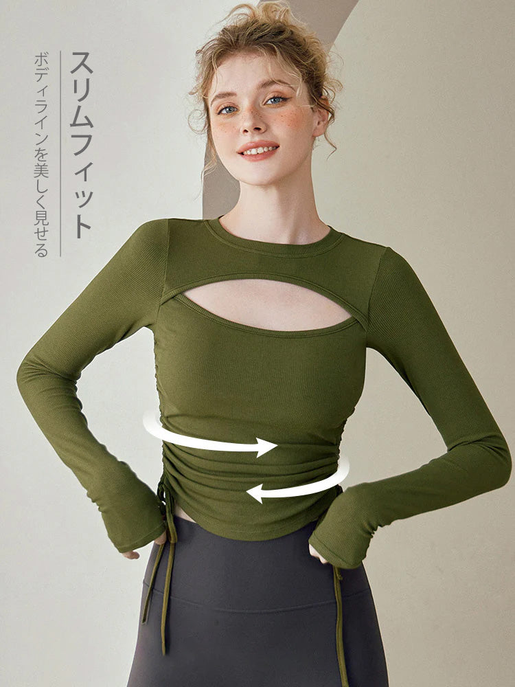 Yomoment 前開き 長袖Tシャツ サイドシャーリング入り 着痩せトップス 着丈調節可能