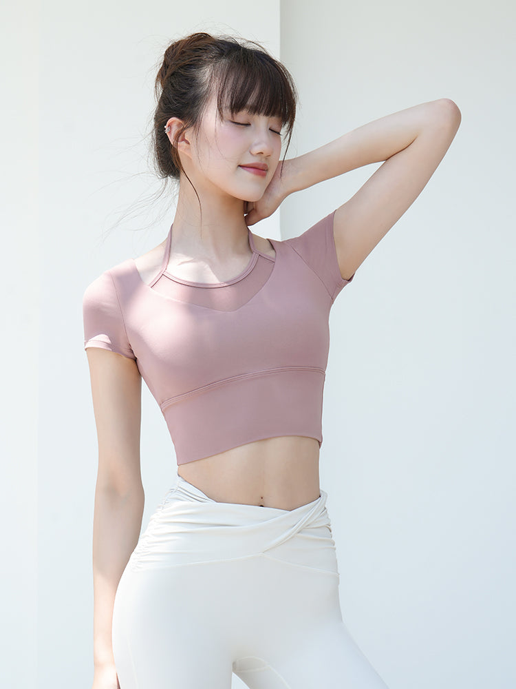 Yomoment レディース メッシュ切り替え フェイクレイヤード ブラトップ 半袖 カップ付き 動きやすい 映える