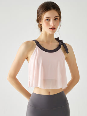 Yomoment メッシュ ブラトップ リボン付き 裾フリル カップ付き レディース ヨガトップス 軽やか