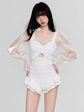 パフ長袖 フリルショーツ 露出控え ワンピース お洋服っぽい水着