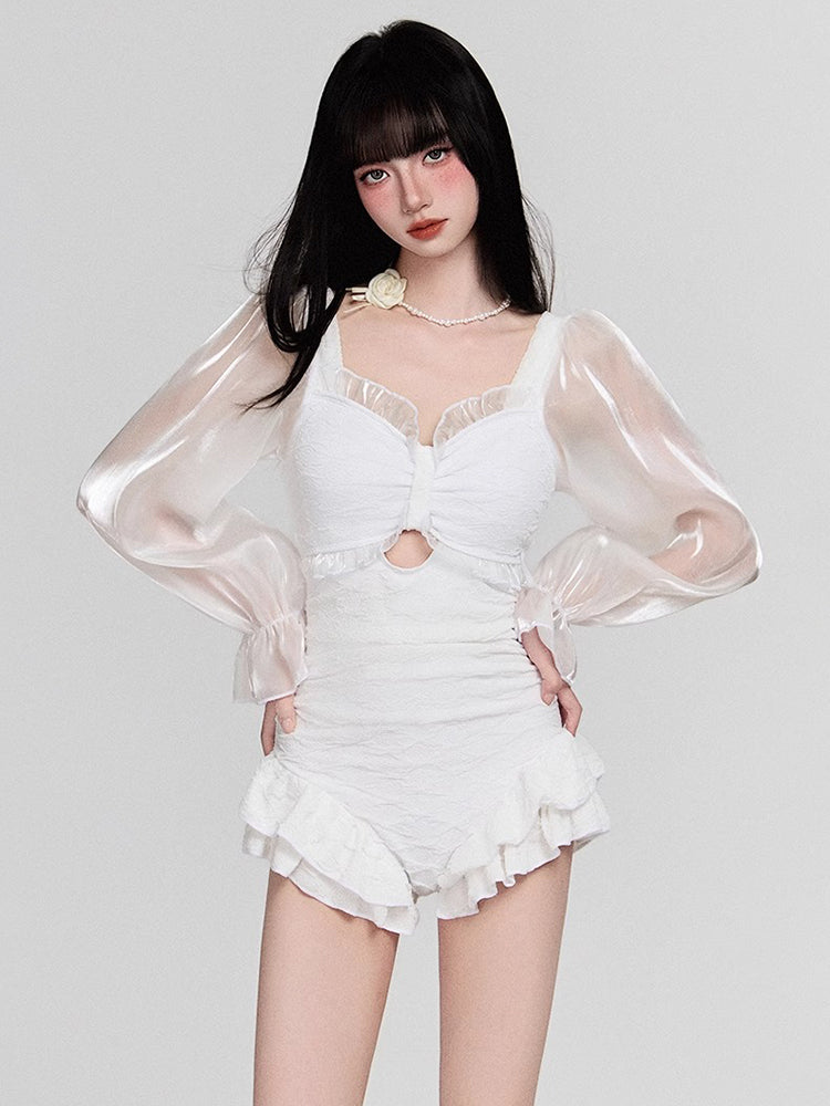 パフ長袖 フリルショーツ 露出控え ワンピース お洋服っぽい水着
