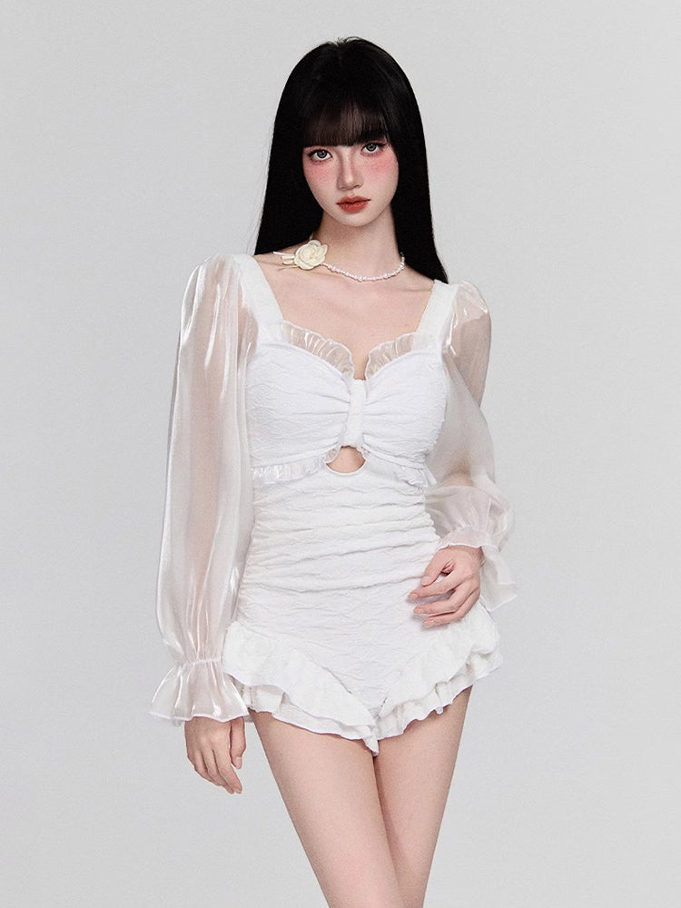 パフ長袖 フリルショーツ 露出控え ワンピース お洋服っぽい水着