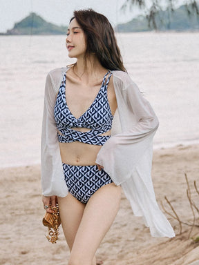 クロスバンド   ロングアウター付き  セパレート ビキニ水着3点セット  体型カバー  ノンワイヤー