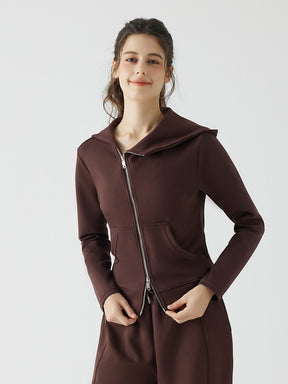 秋冬 ゆったり フード付き 斜めジップパーカ　