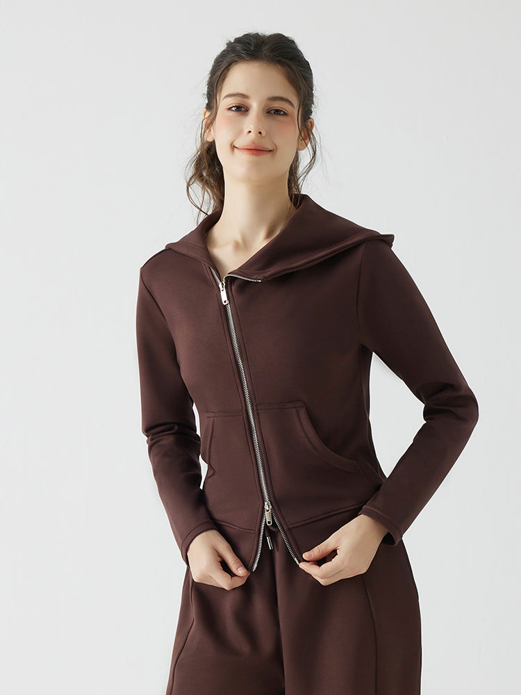 秋冬 ゆったり フード付き 斜めジップパーカ　