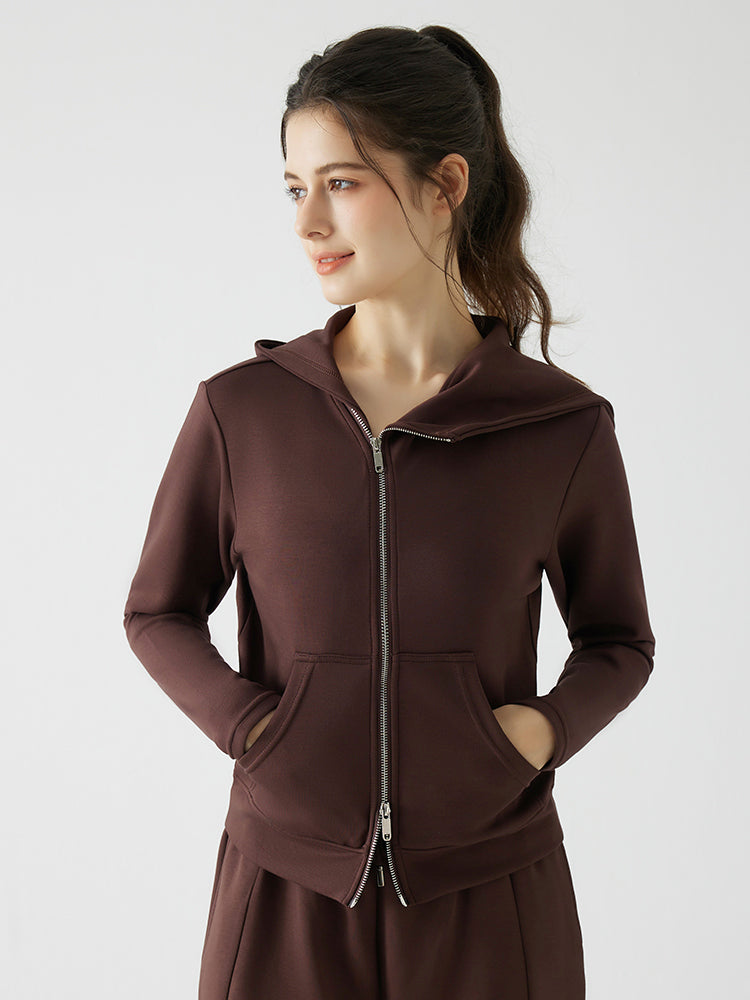 秋冬 ゆったり フード付き 斜めジップパーカ　