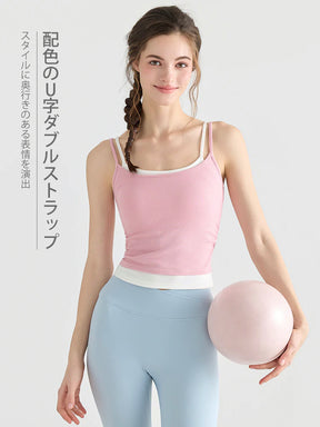 配色 美背 リブ ダブルストラップ キャミソール