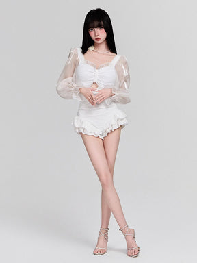 パフ長袖 フリルショーツ 露出控え ワンピース お洋服っぽい水着