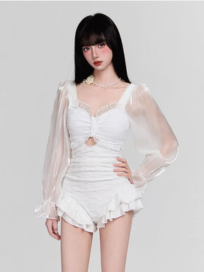 パフ長袖 フリルショーツ 露出控え ワンピース お洋服っぽい水着