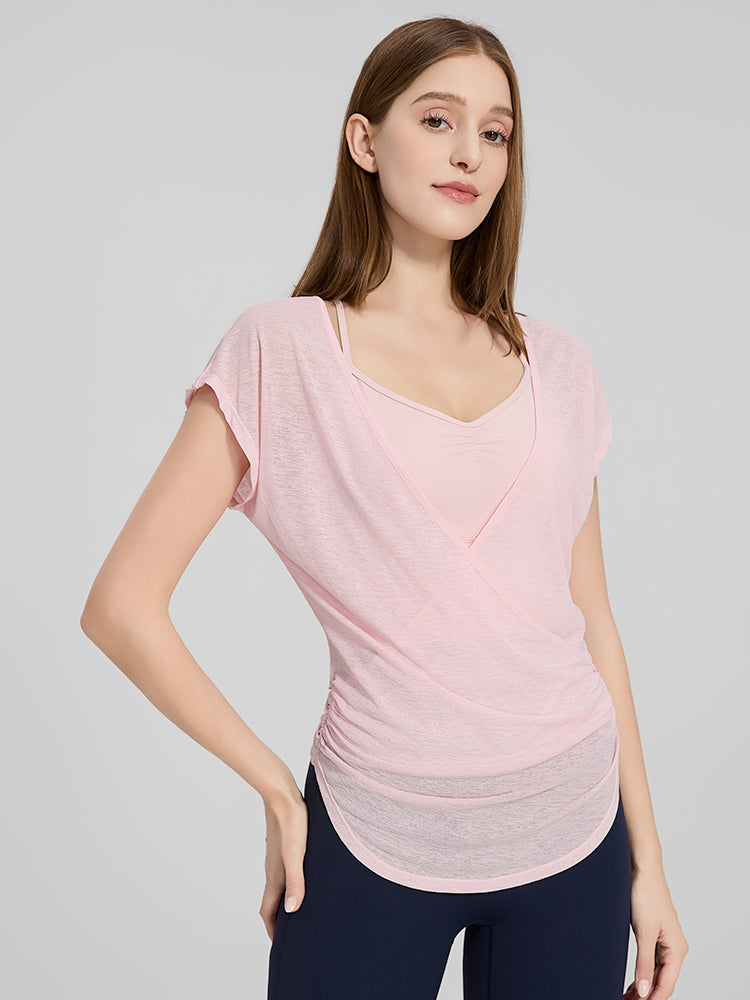 細肩ストラップ Vネック ヨガブラ+フロントクロス メッシュヨガTシャツ 2点セット