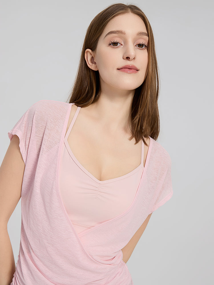 細肩ストラップ Vネック ヨガブラ+フロントクロス メッシュヨガTシャツ 2点セット