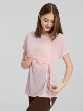 軽量 メッシュ サイドリボン ヨガTシャツ 体型カバー