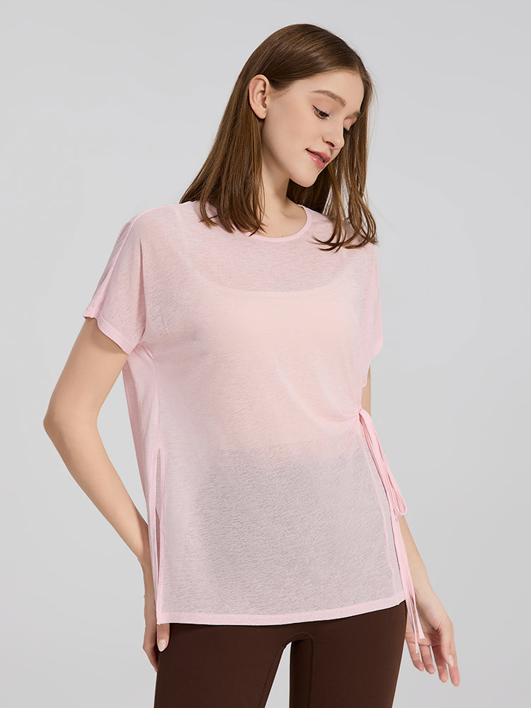 軽量 メッシュ サイドリボン ヨガTシャツ 体型カバー