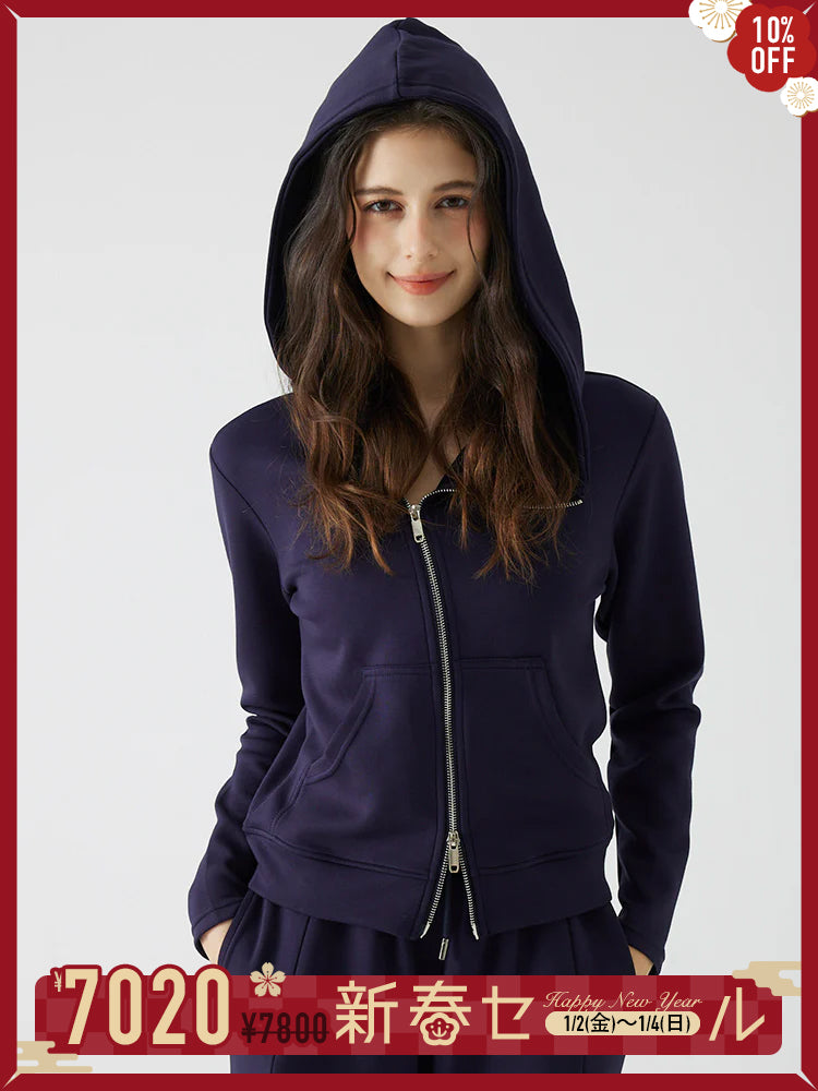 秋冬 ゆったり フード付き 斜めジップパーカ　