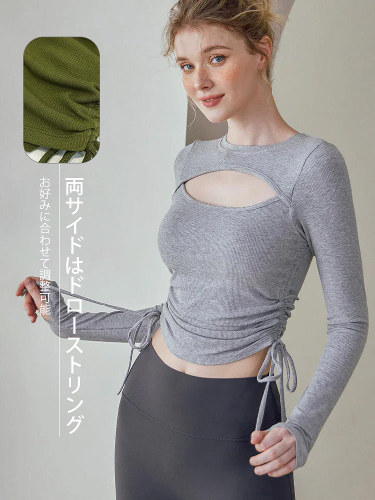 前開き 長袖Tシャツ サイドシャーリング入り