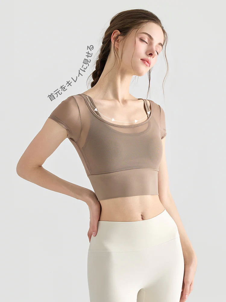 フェイクレイヤード メッシュ切り替え 半袖 ブラカップ付き