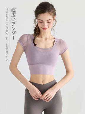 フェイクレイヤード メッシュ切り替え 半袖 ブラカップ付き