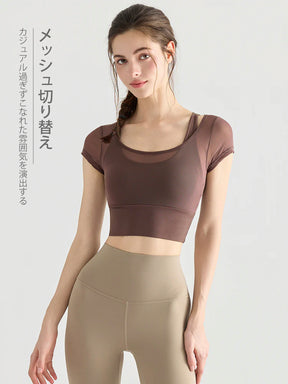 フェイクレイヤード メッシュ切り替え 半袖 ブラカップ付き