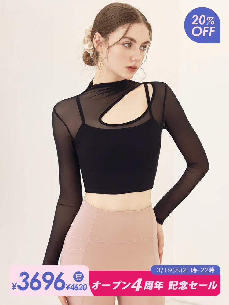 メッシュ切り替え レイヤード ロングスリーブ V字カット