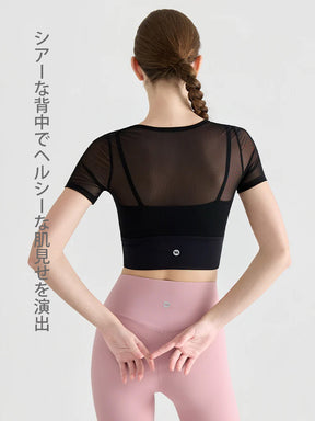 メッシュ切り替え レイヤード 半袖 バッド付き