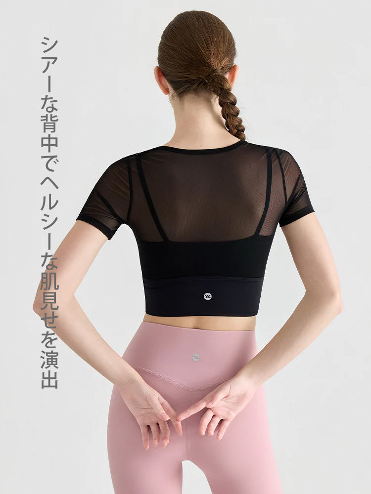 メッシュ切り替え レイヤード 半袖 バッド付き
