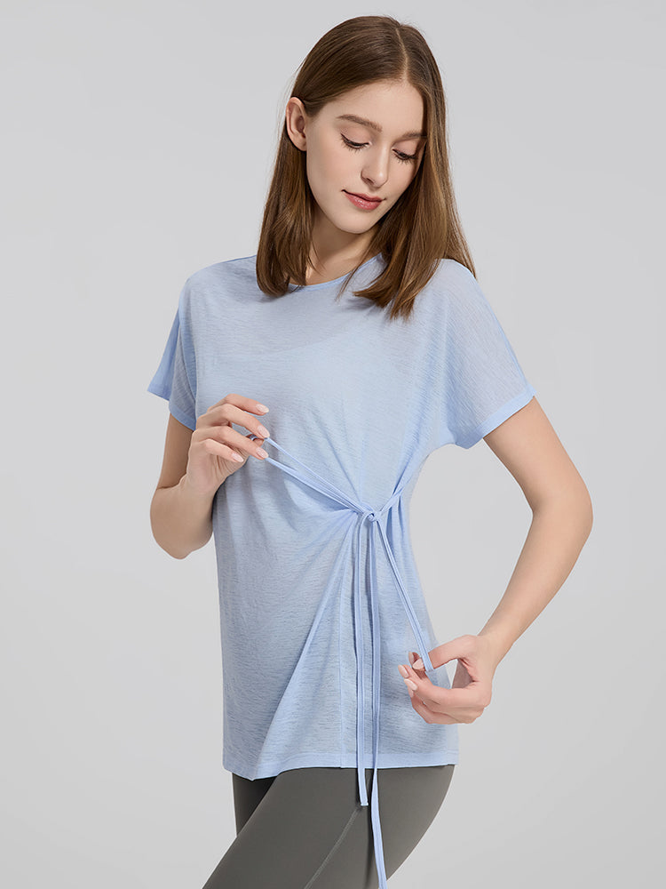 軽量 メッシュ サイドリボン ヨガTシャツ 体型カバー