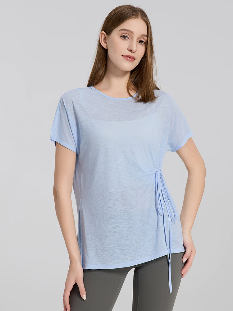 軽量 メッシュ サイドリボン ヨガTシャツ 体型カバー