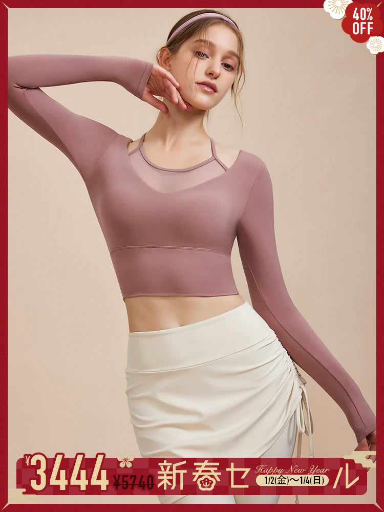 メッシュ切り替え フェイクレイヤード ブラトップ 長袖