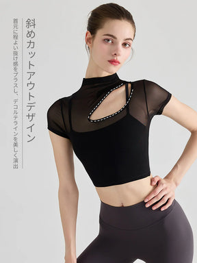 メッシュ切り替え レイヤード 半袖ヨガトップス カップ付き