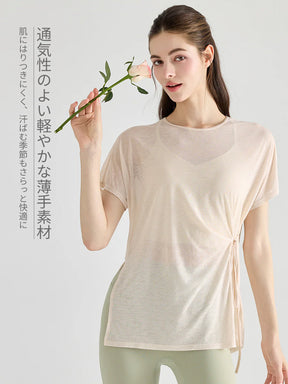 軽量 サイドリボン ヨガTシャツ 体型カバー