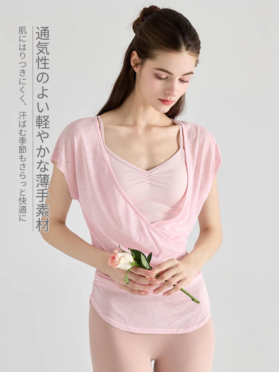 細肩ストラップ Vネック ヨガブラ+フロントクロス ヨガTシャツ 2点セット