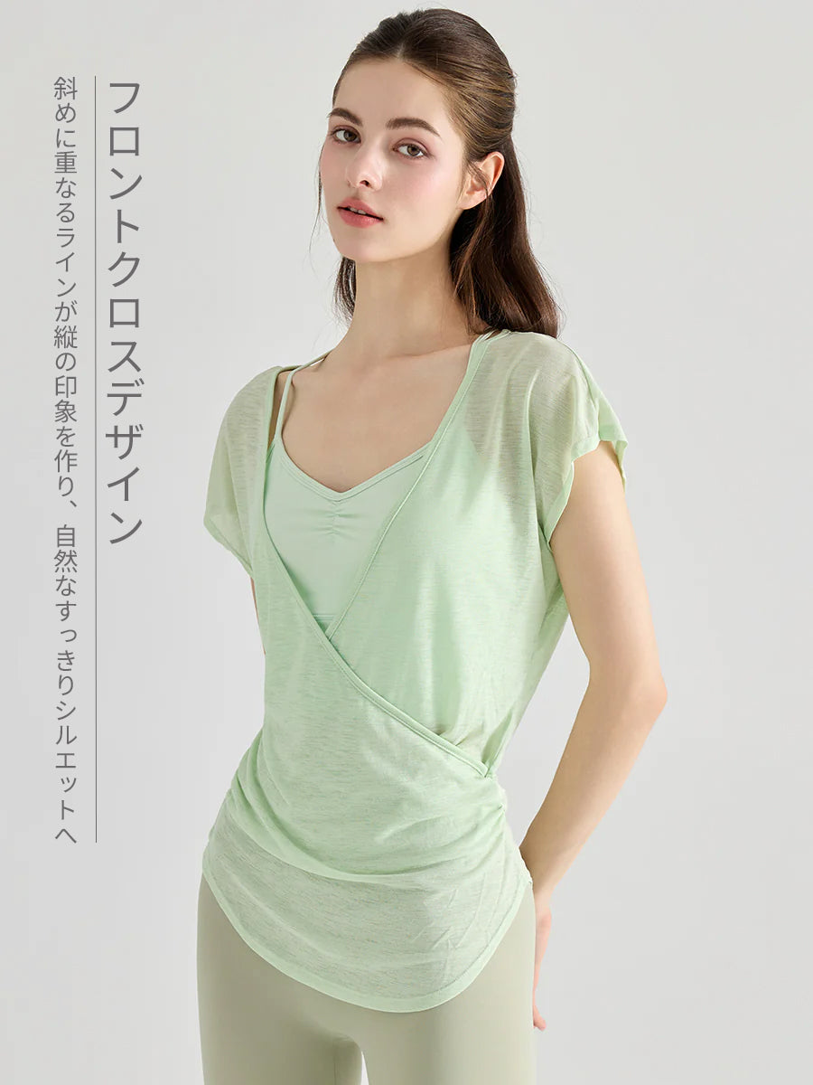 細肩ストラップ Vネック ヨガブラ+フロントクロス ヨガTシャツ 2点セット